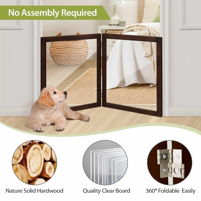 Дерев'яне перегороджувальне ґратка для собак, 4 панелі, широка, 76,2 см, складна, бар'єр для тварин, масивне дерево та сталевий дріт, захисне ґратка для дверей, коридорів, 30'Height-4 Panel (24'Height-2 Panel, Коричневий)
