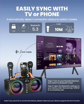 Караоке-машина для дорослих та дітей, портативна Bluetooth-система 80W – 2 бездротові мікрофони, регулювання ехо, USB/AUX-роз'єми, ідеальний подарунок для вечірок на природі