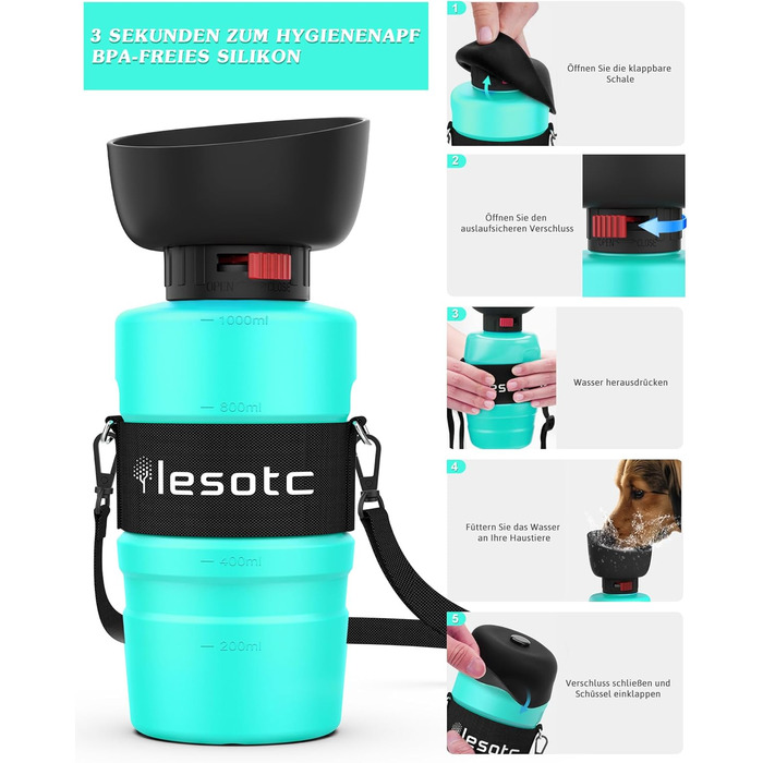 Складана пляшка для води для собак Lesotc 800 мл, блакитний колір, для прогулянок, подорожей та кемпінгу
