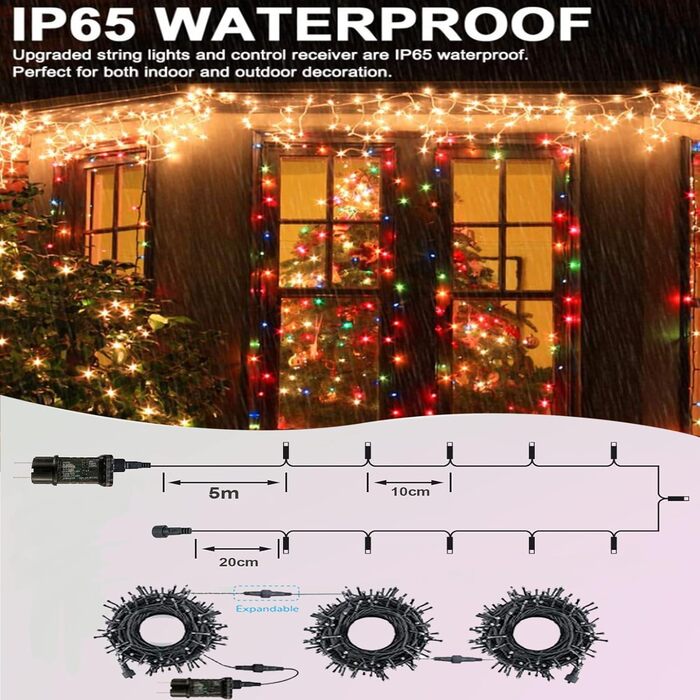 Гірлянда святкова LED 20M з пультом, 11 режимів, тепле біле та кольорове світло для декору балкона, саду, вечірки, весілля та ялинки