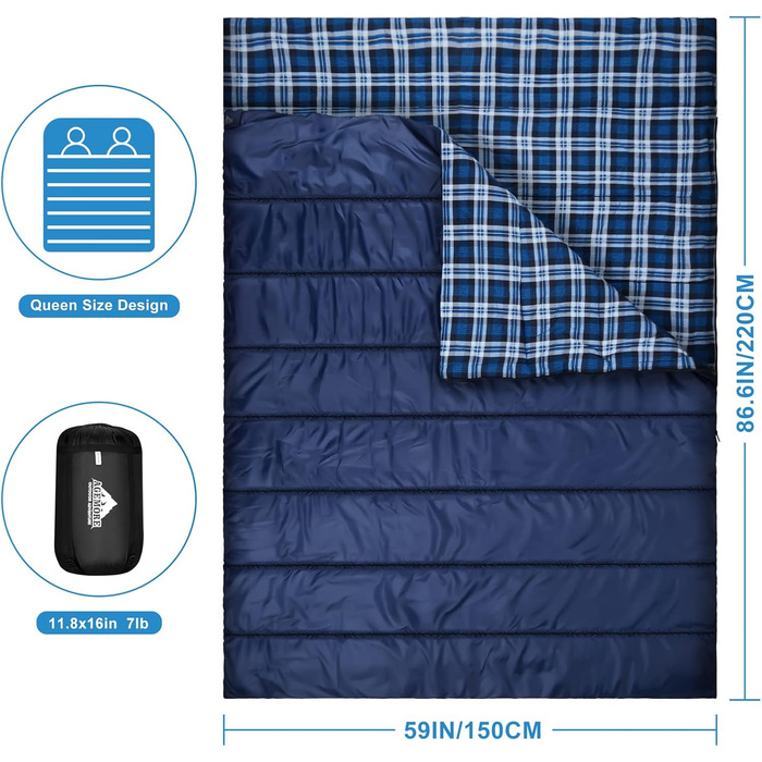 Cotton Flannel Double Sleeping Bag for Camping, Hiking, and Backpacking - Queen Size 2 Person Waterproof Sleeping Bag for Adults & Teens - Lightweight Blue/Blue
