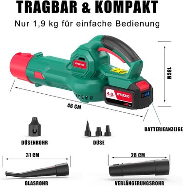 HYECHO Leaf Blower, 223 km/h Leaf Blower Battery 18V 4000mAh, with 3 inflation nozzles, Ergonomic, Operating weight 1.93Kg for cleaning leaves, removing dust