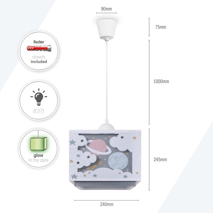 Paco Home Hanging Lamp Children's Room Ceiling Lamp Pendant Light Lampshade Fabric E27 Lion Jungle Glows in the Dark (Planets, Gray)