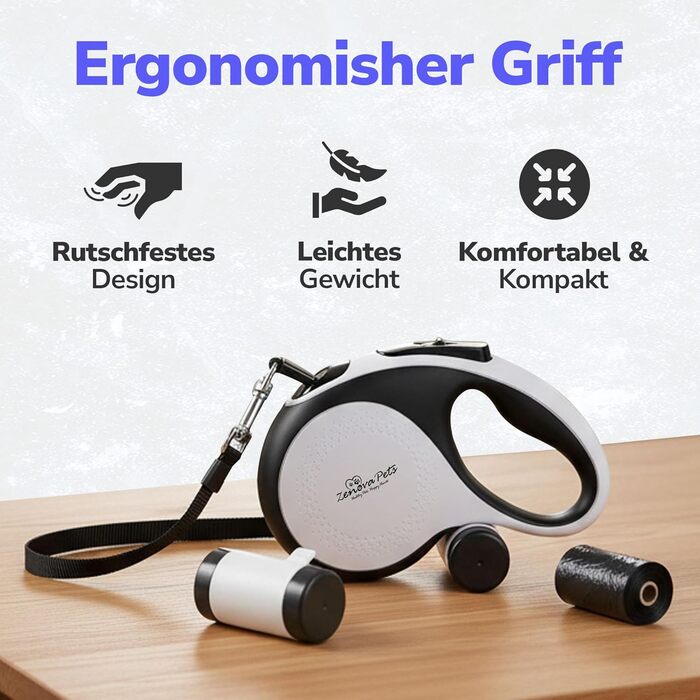 Рулетка для собак 5 м з тримачем для відходів – витяжна повідка для собак будь-якого розміру – повідка з нейлоновою стрічкою 360°, антиковзним руків'ям та кнопкою швидкого гальмування – повідка для собак до 30 кг