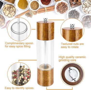 Salt and Pepper Grinder Set of 2, Manual Spice Grinder including Coaster, Cleaning Brush, Spoon (21.5 cm) - Wooden Salt Mill with Adjustable Ceramic Grinder for Spices Pepper Salt