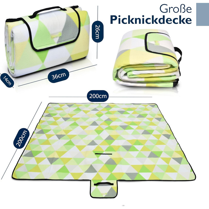 Beautissu XXL Плед для пікніка, водовідштовхувальний, ізольований, 200x200 см, сірий/зелений. Підходить для пляжу, кемпінгу, відпочинку на природі.