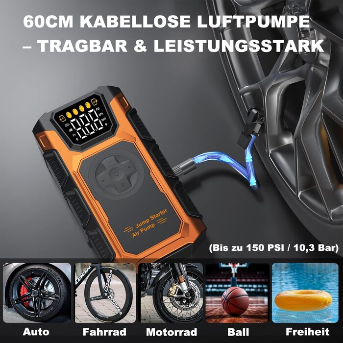 Powerbank для автомобіля Starthilfe 6000A з компресором 150PSI, 12V, для бензинових та дизельних авто (до 10л), QC3.0, LCD, ліхтарик