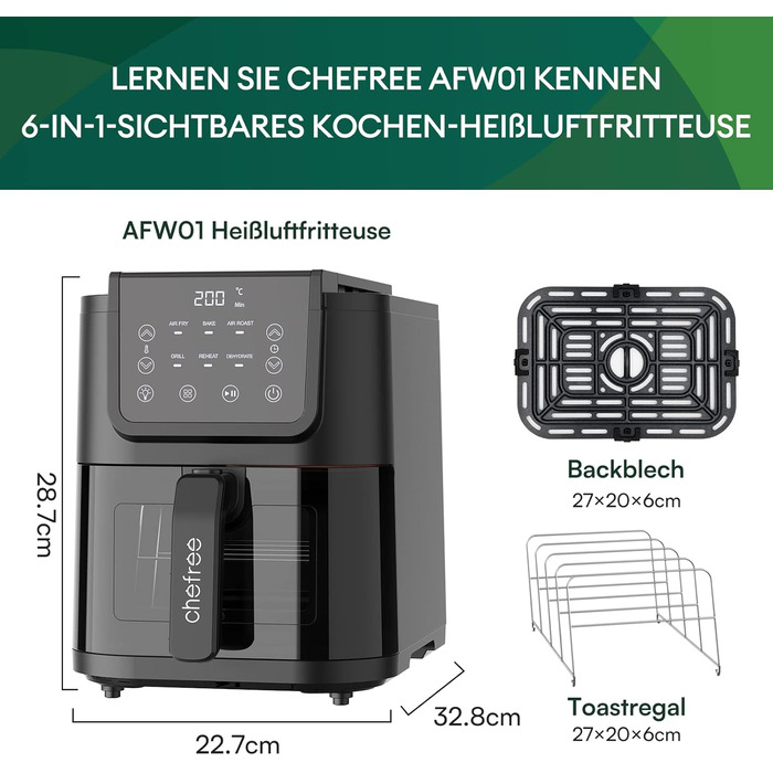Аерофритюрниця CHEFREE 5 л для сім'ї, 6-в-1, багатофункціональна, з оглядовим вікном, до 200°C, 1500 Вт, чорна, модель AFW01
