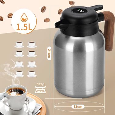 VETIN Thermos Flask with Tea Infuser 1.5L, Double-Walled 304 Stainless Steel Insulated Carafe, Tea Pot Thermo with Temperature Indicator, Coffee Pot Thermo 10h Heat/16h Cold