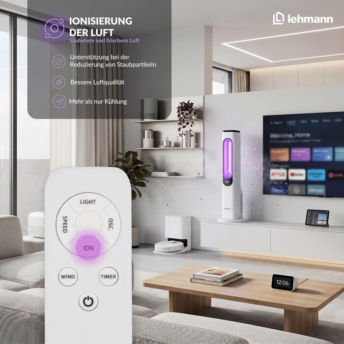 Вентилятор баштовий LEHMANN з пультом ДУ та LED-дисплеєм, тихий, нічний режим, таймер 15 год, 3 кольори світла, 3 режими, 3 швидкості, без лопатей