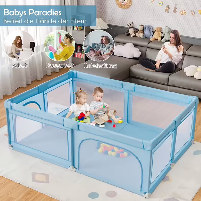 COSTWAY 205 x 147cm Playpen for Baby with Mattress, Foldable Baby Playpen, Playard with 50 Balls, 2 Doors, Breathable Mesh & Zipper, Play Tent for Infants & Toddlers (Dark Grey)