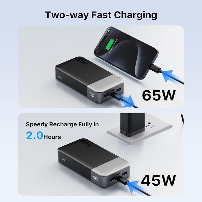 Powerbank NOBIS 20000mAh, 65W, з цифровим дисплеєм, Dual USB-C/USB-A, для ноутбука, телефону, планшета, зовнішній акумулятор, зелений (чорний)