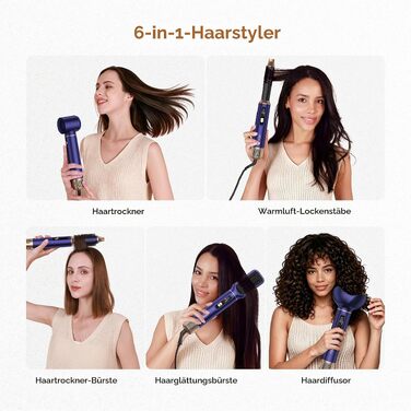 Мультистайлер для волосся 6 в 1 UKLISS Air Styler Set з дифузором, фен-щітка та вирівнювач для волосся, 1000 Вт, LCD-дисплей, Gold Blau