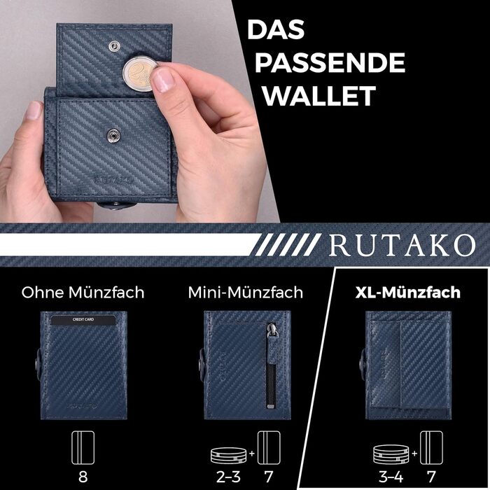 RUTAKO Slim Wallet with XL Coin Pocket & RFID Protection - Card Holder for Men & Women - Small Credit Card Wallet - Mini Purse - Small Portmonee/Portemonnaie - Wallet Carbon Blue