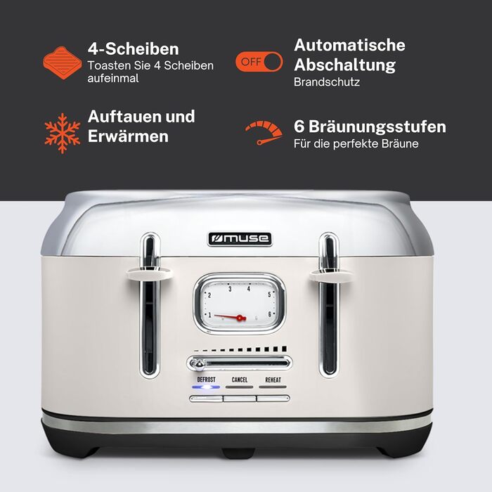 Тостер Muse MS-131 BC Beige: 4-х місний, з регулюванням ступеня підсмажування, ретро-дизайн, з підсвічуванням та крихкозбирачем