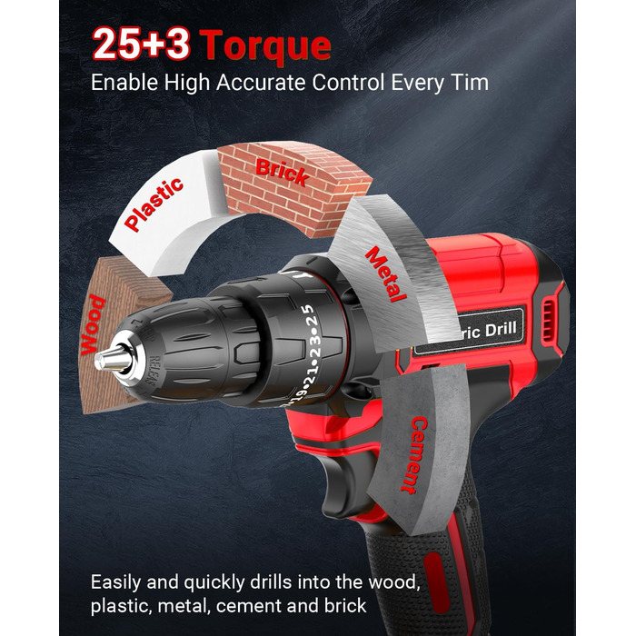 Акумуляторний шуруповерт BETENST 21V з 2 акумуляторами 2.0Ah, 42Nm, 25 моментів, 2 швидкості, LED-ліхтик, 30-ти елементний набір для дому та саду, DIY проєкти