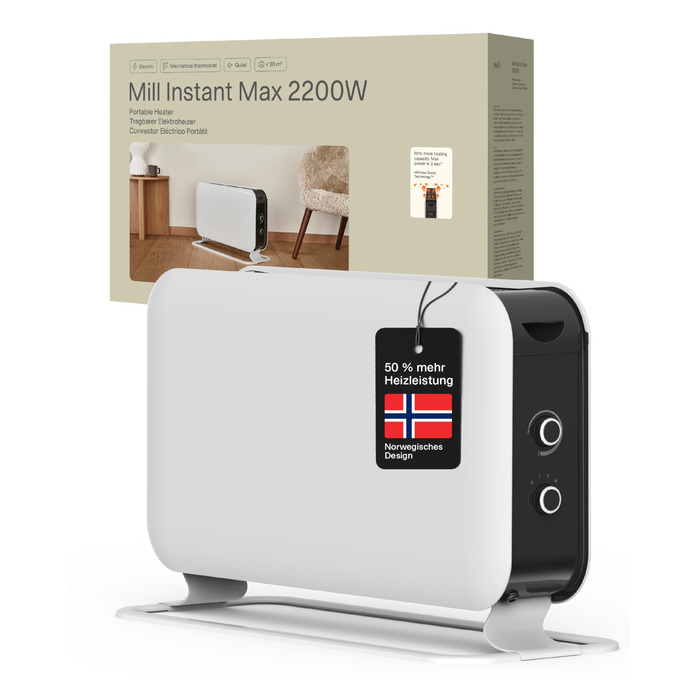 Електричний конвекторний обігрівач Mill 2000W з термостатом, 24-28 м², білий – MEC. Тиха електрична теплова гармата для дому.