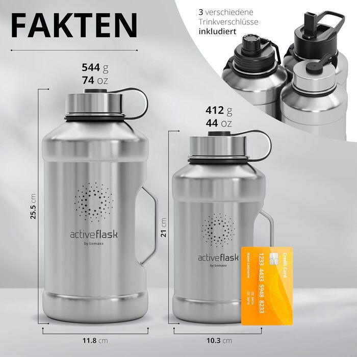 Спортивна пляшка з нержавіючої сталі ACTIVE FLASK 2 л з трубочкою, 3 кришки, BPA-free, не протікає, для газованої води, XL пляшка для спорту, фітнесу, туризму