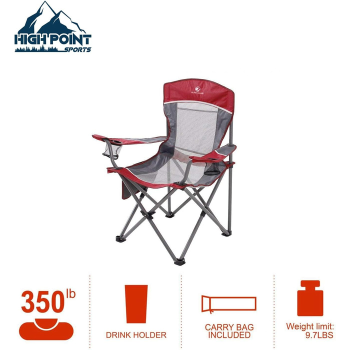 Крісло для кемпінгу High Point Sports: складне, для риболовлі, з підлокотниками, міцний сталевий каркас, до 160 кг, чорний/червоний