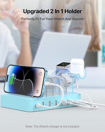 Зарядна станція SooPii USB 60W/12A, 6 портів, органайзер для декількох пристроїв з тримачем для Apple Watch, 6 кабелів (синій)