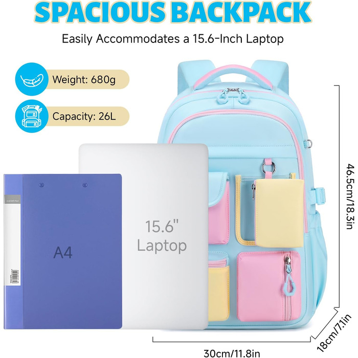 Рюкзак для дівчинки Tanou: великий шкільний рюкзак для підлітків з тканини Oxford, з багатьма відділеннями (блакитний, рожевий)