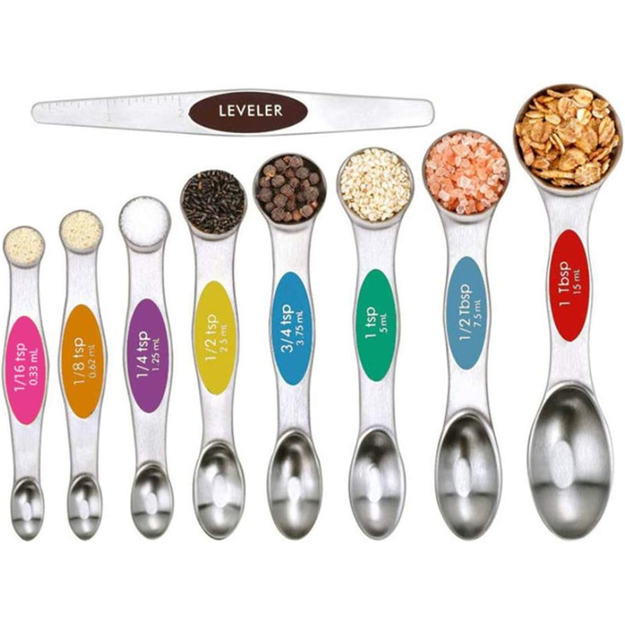 Набір мірних ложок Meiyijia з нержавіючої сталі (8 шт.) - для сухих та рідких інгредієнтів, з магнітною основою