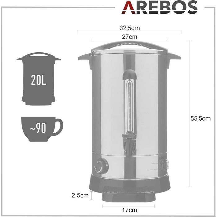 Arebos Glühwein Cooker 1650 W | Hot Beverage Dispenser | 20 L | with drip tray, tap, thermostat, and overheat protection | Temperature setting from 30-110 °C
