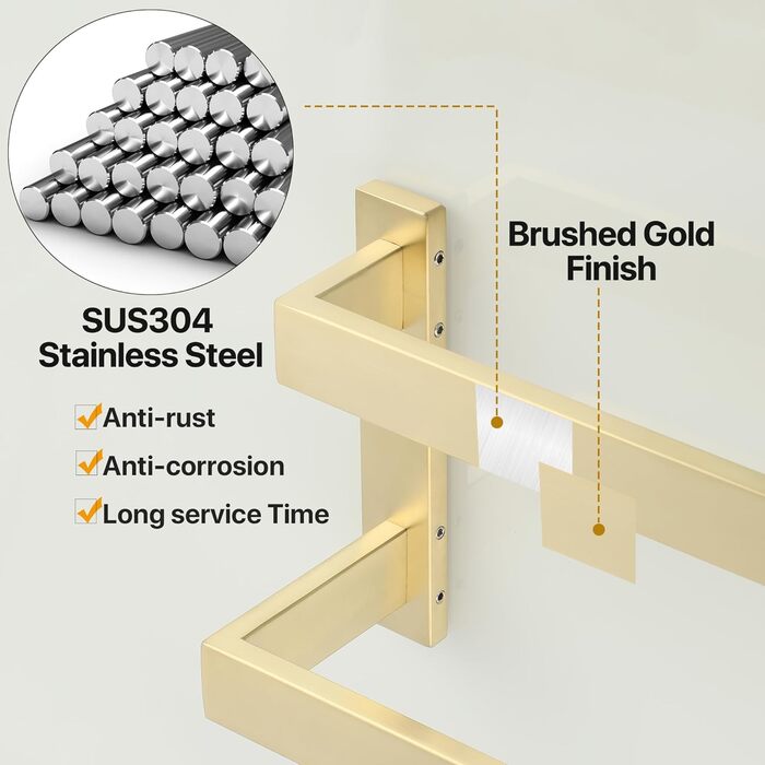 Тримач для рушників SAYAYO: настінний, триярусний, для ванної та кухні, 64 см (золотий)