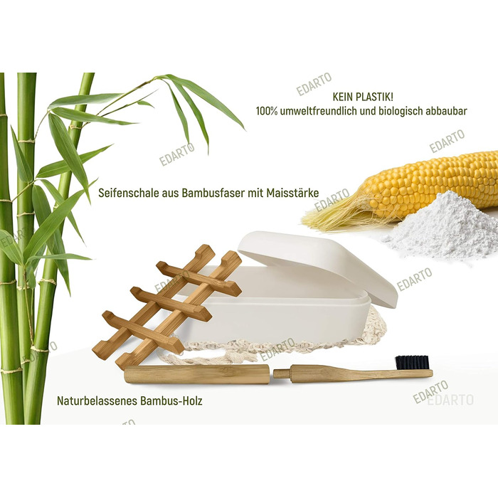 Миска для мила EDARTO® з бамбука з піддоном для стікання та кришкою – екологічна, з бамбука та кукурудзи + мішечок для мила з 100% натурального сизалю для пілінгу тіла