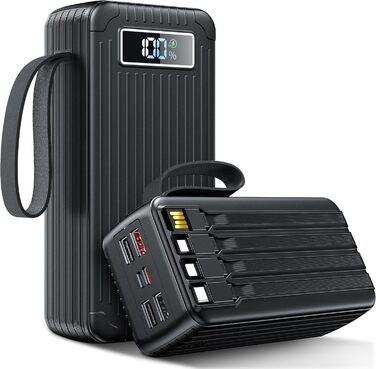 Power Bank 60000 mAh з PD 45W, 6 портів (4 USB-A, 2 Type-C), LED дисплей, вбудовані кабелі, чорний