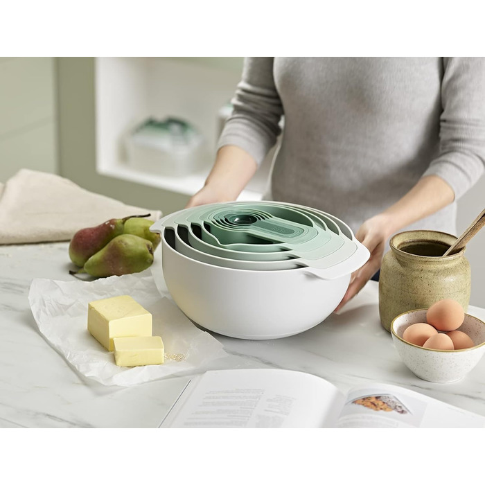 Joseph Joseph Nest 9 Plus, 9-piece compact food preparation set with mixing bowls, measuring cups, colander and sieve, Editions Range, Sage Green, Green