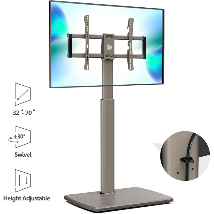 FITUEYES Adjustable Swivel TV Stand with Wood Base - Fits 32-70 inch TVs up to 40kg, VESA 400x600, Khaki