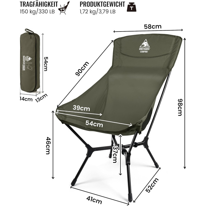 Кемпінговий стілець OneTigris OASISFLEX складний, високий, до 150 кг, зелений Ranger. Стілець для риболовлі, туризму з бічними кишенями