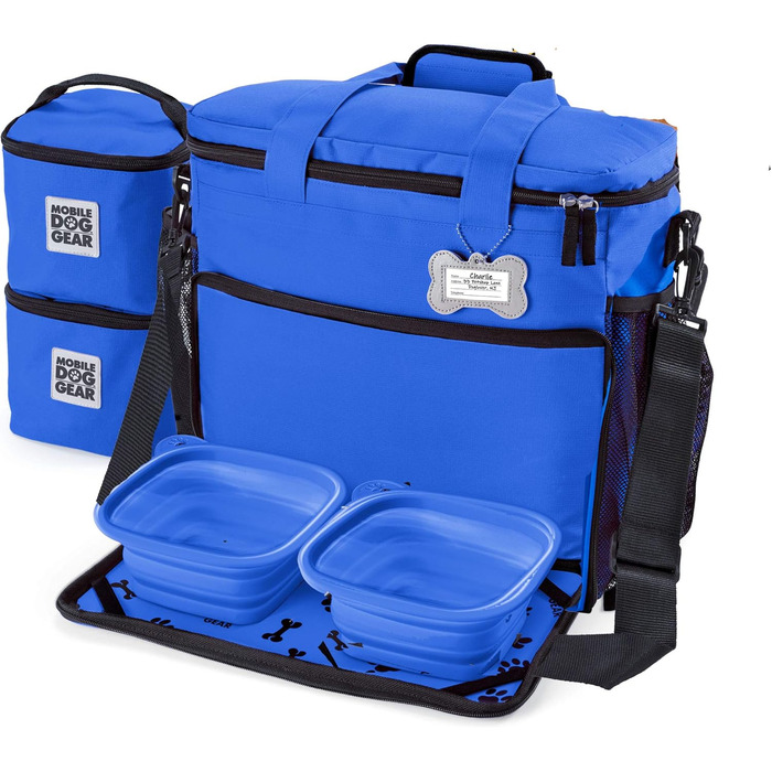 Чорна сумка для подорожей з собаками Overland Chiens Gear для великих собак, 2 контейнери для їжі, 2 складані миски (Королівський синій)
