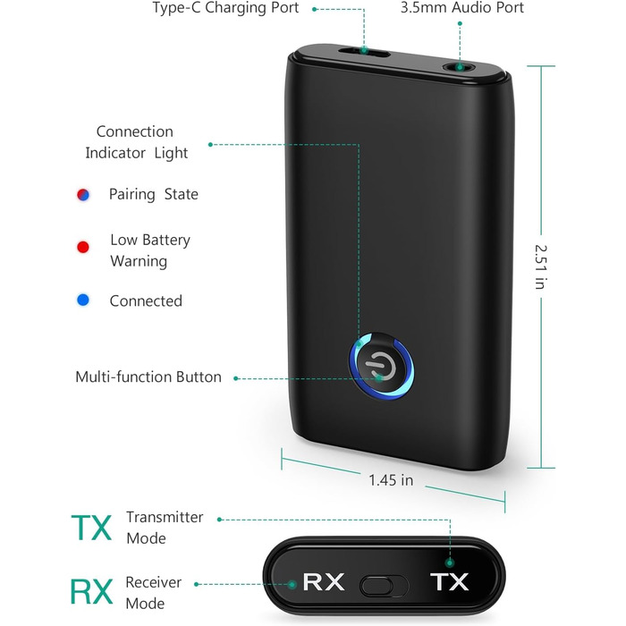 ORIA Bluetooth 5.3 Аудіоадаптер 2-в-1 з AUX, для навушників, колонок, ноутбуків, чорний