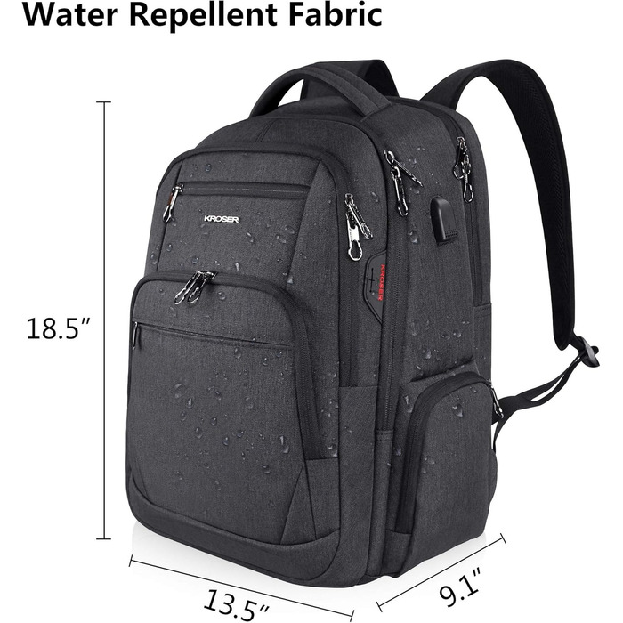 Рюкзак для ноутбука KROSER 17.3'' - бізнес, шкільний, для подорожей. З USB та RFID-кишенями (чорний)