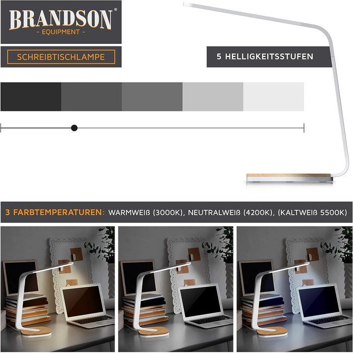 LED лампа настільна Brandson з деревом, регульована яскравість, 5 рівнів, 3 температури світла, для очей, 450 люмен, сенсорне управління, для офісу, читання, навчання, біла
