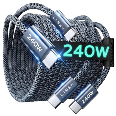 Кабель USB-C 2 шт. LISEN 240W, 2 метри, темно-синій. Сумісний з Samsung Galaxy S24 Ultra, MacBook Pro/Air, Galaxy S25/S23, iPhone 17/16/15 Pro, iPad Pro/Air
