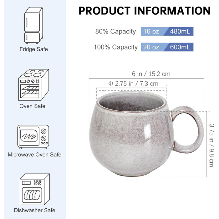 Set of 4 porcelain cups, 600mL coffee cup set for 4 people, modern style, breakfast mugs, exquisite tableware set, suitable for dishwashers, light grey