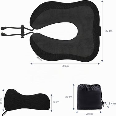 Подушка для шиї в дорогу з ефектом пам'яті (Memory Foam) для літака, авто та офісу, м'який оксамитовий чохол, чорна (набір 2 шт.)