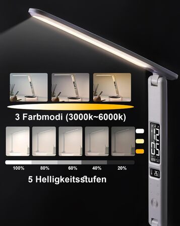 Настільна лампа CCHKFEI з регулюванням, годинником, LED-дисплеєм, бездротовим зарядним пристроєм 10W та USB-портом, 3 режими кольору, датчиком температури та RGB-підсвічуванням для читання, дому та офісу