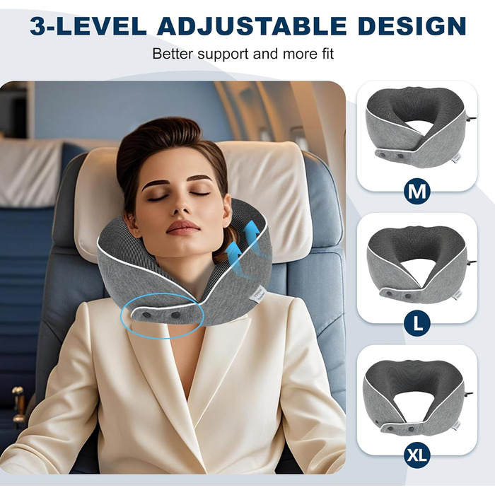 Подушка для шиї Comfy - для подорожей (літак, авто, поїзд) з регулюванням, Memory Foam, 3D-маска, сірий