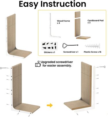Кігтеточка для котів з коробкою та 4 змінними шарами з картону - великі кігтешні меблі з міцного гофрокартону, двосторонні шари з картону з наклейками DIY - лежанка для котів у квартирі, захист меблів. Велика коробка для котів + 4 кігтешні стовпчики + нак