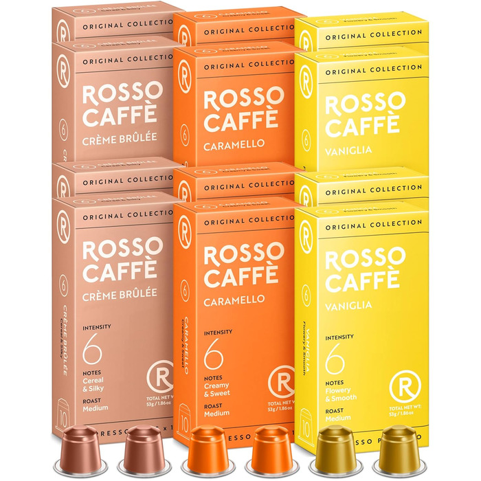 Капсули кави ROSSO CAFFÈ Nespresso, 120 шт. Аромакава, набір з 3 преміум смаків, сумісні з Nespresso, 120 шт.