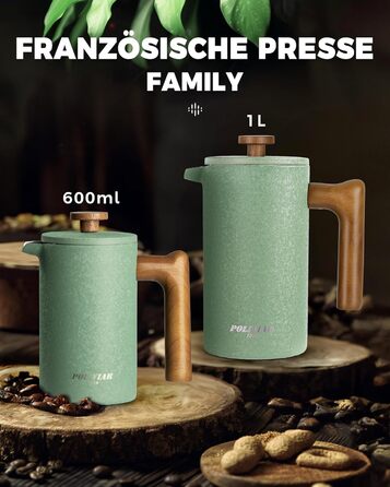 Френч-прес Poliviar 1 л / 8 чашок, з подвійними стінками, ізольований, для кави та чаю, з дерев'яною ручкою, Flatland (зелений)