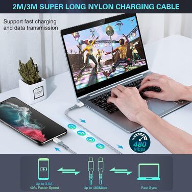 Зарядний пристрій USB 33W QC 3.0, 4 порти + 2 кабелі USB-C 2м/3м для Samsung Galaxy S24/23/22/21, iPad Pro, LG, Sony - білий