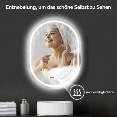 Дзеркало для ванної кімнати YOURLITE з підсвічуванням, 60 см, LED, сенсорне керування, 3 кольори світла, регулювання яскравості, антизапар, пам'ять, годинник, овальне, білий