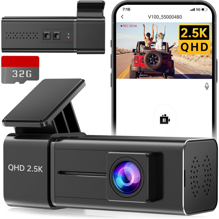 Відеореєстратор Veement Dashcam Auto Vorne 2.5K з WiFi, 1440P, 32GB SD, ParkWatch, Нічне Бачення, G-Sensor, Loop, APP, Чорний