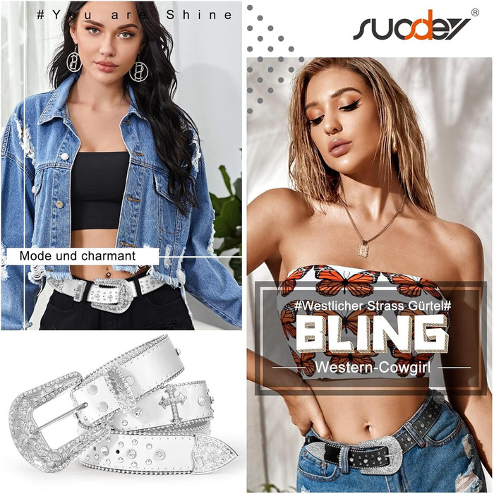 Чоловічий та жіночий шкіряний ремінь SUOSDEY з стразами, ковбойський стиль, 105 см, розмір 71-85 см