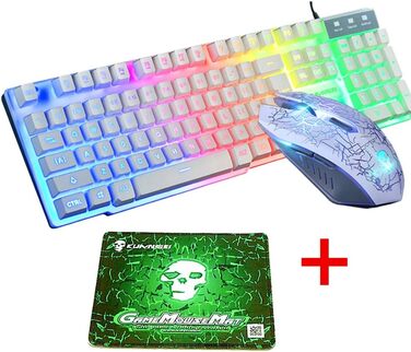 Механічна ігрова клавіатура та миша з підсвічуванням RGB, 104 клавіші, USB, 2400DPI, 6 кнопок, оптична миша, комплект для PS4, Xbox, PC, Laptop, чорний/білий